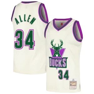 Resistente Ray Allen Milwaukee Bucks Chainstitch Swingman Jersey Cream  para la gran final