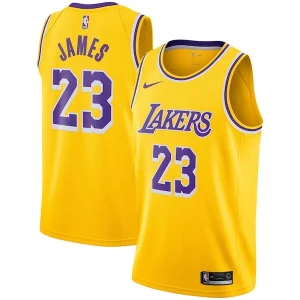 Moderno Original Único LeBron James Los Angeles Lakers Nike Swingman Player Jersey Gold Icon Edition  para la gran final