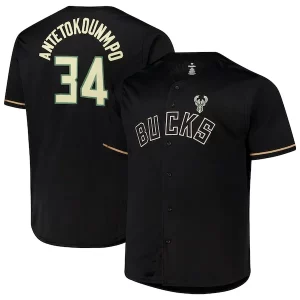 Robusto Resistente Giannis Antetokounmpo Milwaukee Bucks Profile Big & Tall Name & Number Button Up Jersey Black  para la gran final