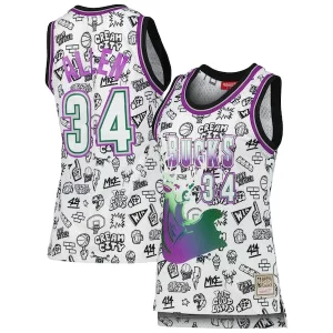 Delicioso Único Ray Allen Milwaukee Bucks Women's 1996 Doodle Swingman Jersey White  para la gran final